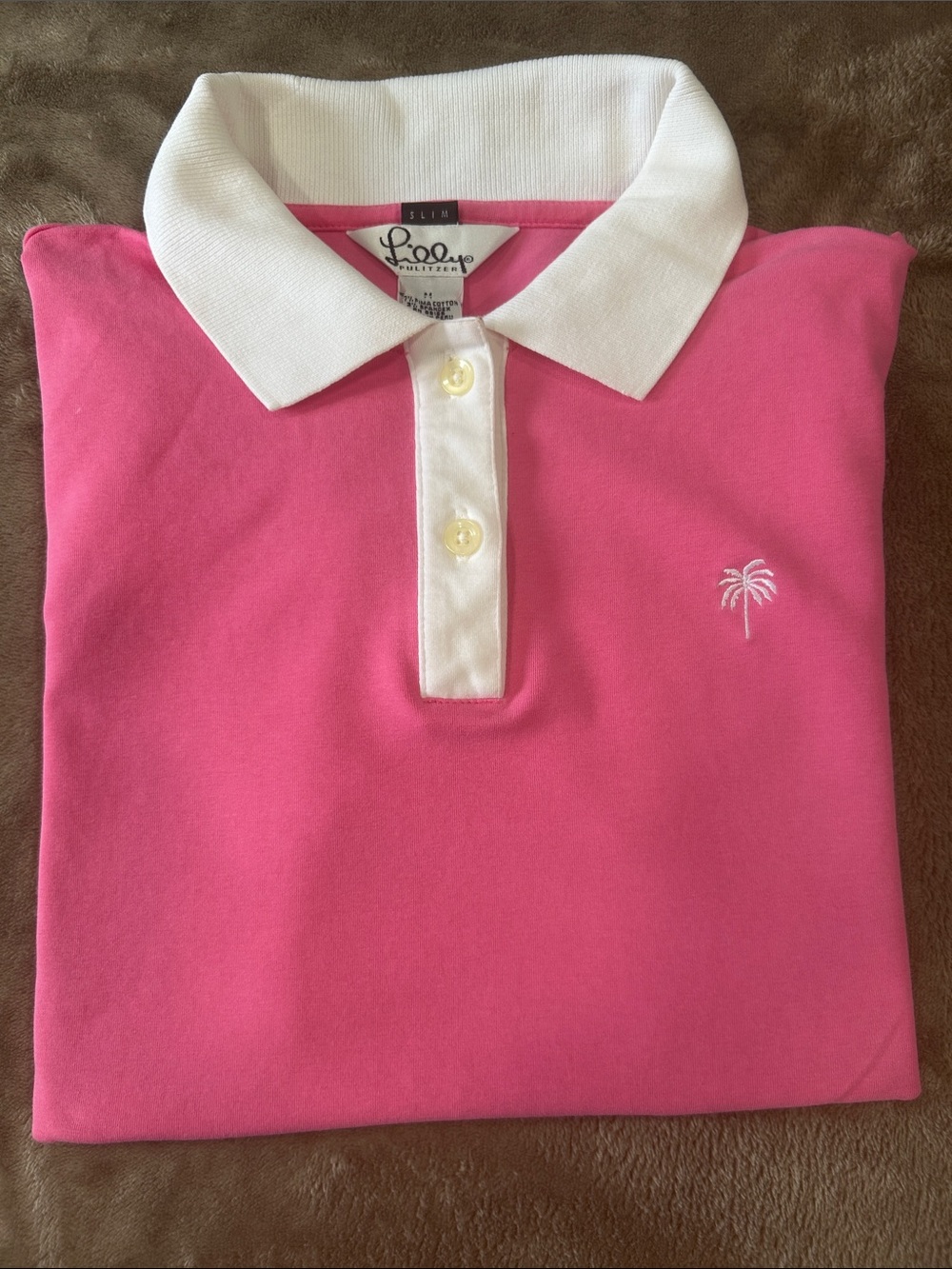 Lilly Pulitzer women sz medium slim Polo Shirt  Country Club Pink Palm Tree Top - Picture 9 of 9